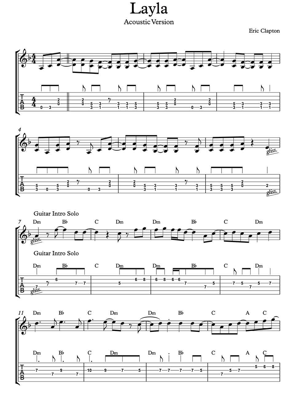 Layla - by Eric Clapton, includes lead guitar tab chords and lyrics.